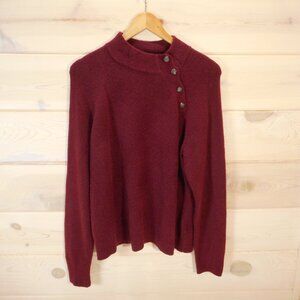 J Crew Women's L Burgundy Mock Neck Sweater Pullover Asymmetric Button Soft Knit